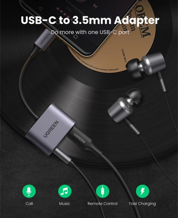 Productafbeelding Ugreen Adapter voor hoofdtelefoon (USB Type C, 3,5 mm aansluiting)