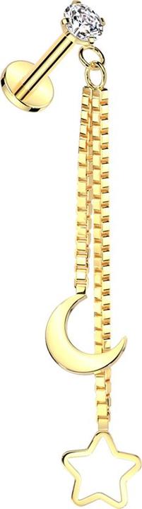 Actual product image Star Piercing Micro labret internally threaded gold-plated crystal silver set pendant chain moon and star (Surgical steel 316L)