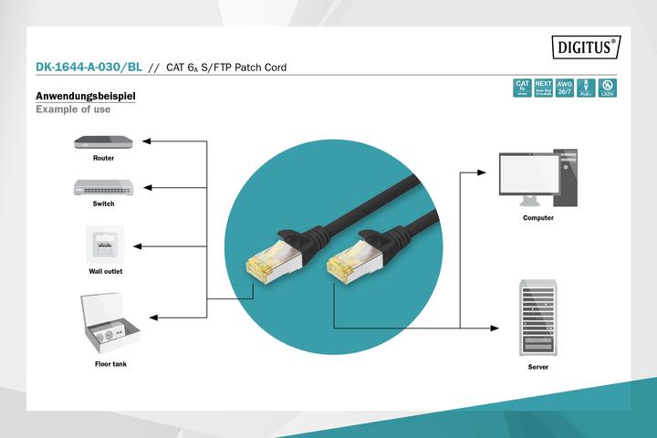 Immagine prodotto Digitus Cavo adattatore CAT6A S-FTP, 3m, SW (S/FTP, CAT6a, 3 m)