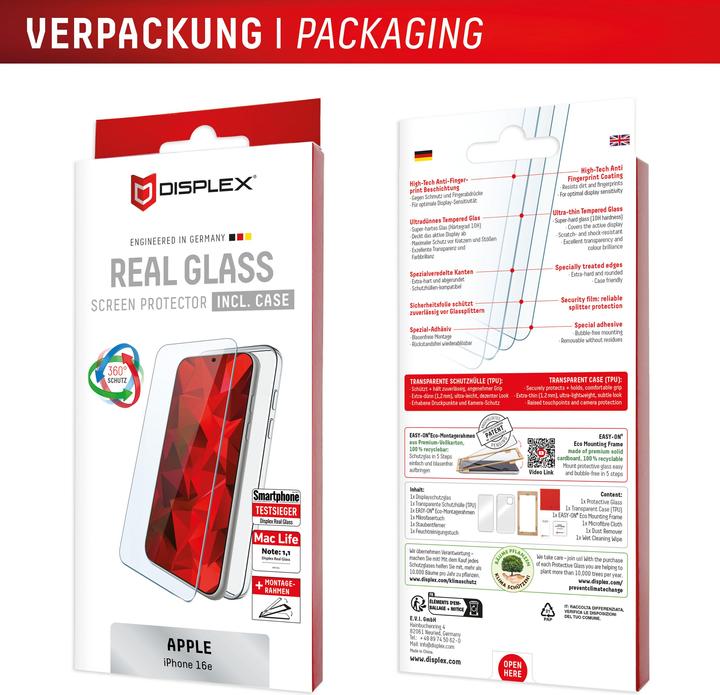 Produktbild Displex Real Glass, 2D Panzerglas + Handyhülle (1 Stück, Apple iPhone 16e)
