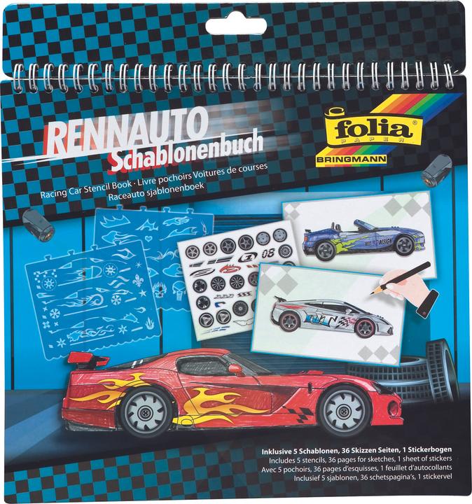 Produktbild Folia Bringmann 41202 - Schablonenbuch Rennwagen, Block mit 36 Malvorlagen, 5 Schablonen und 1 Stick