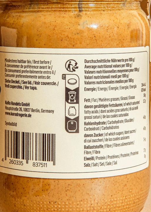 Nutritional values and ingredients KoRo Almond butter made from unpeeled and roasted almond kernels (3000 g)