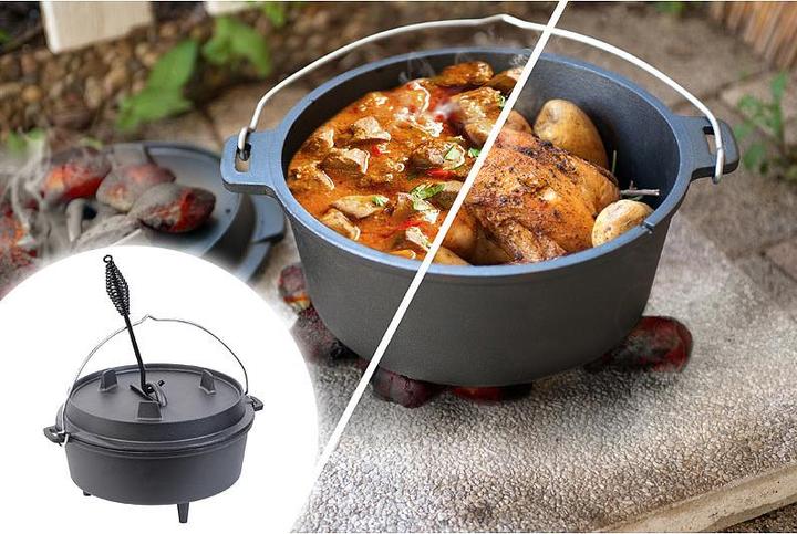 Produktbild Rosenstein & Söhne Dutch Oven aus Gusseisen mit Standfüssen, 2in1-Deckel & -Pfanne, 6 l