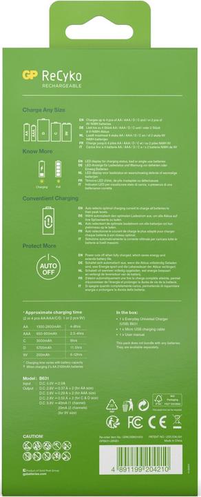 Produktbild GP Batteries ReCyko Universal Ladegerät AA/AAA/C/D/9V Akkus NEU (1 Stk., D, AAA, AA, C, 9V Block, 2100 mAh, Akku)