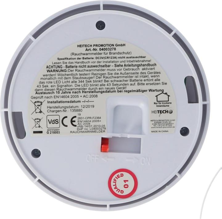Actual product image Heitech Smoke detector Long life incl. lithium battery 85dB