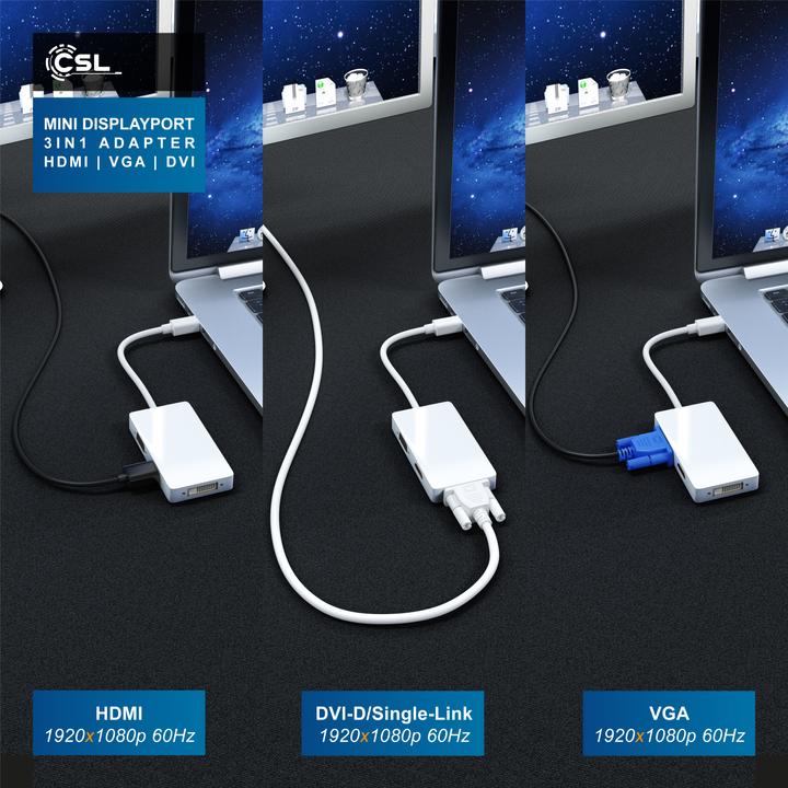 Image du produit CSL Câble adaptateur mini DisplayPort vers HDMI + DVI + VGA (HDMI, DVI, VGA, 8.50 cm)