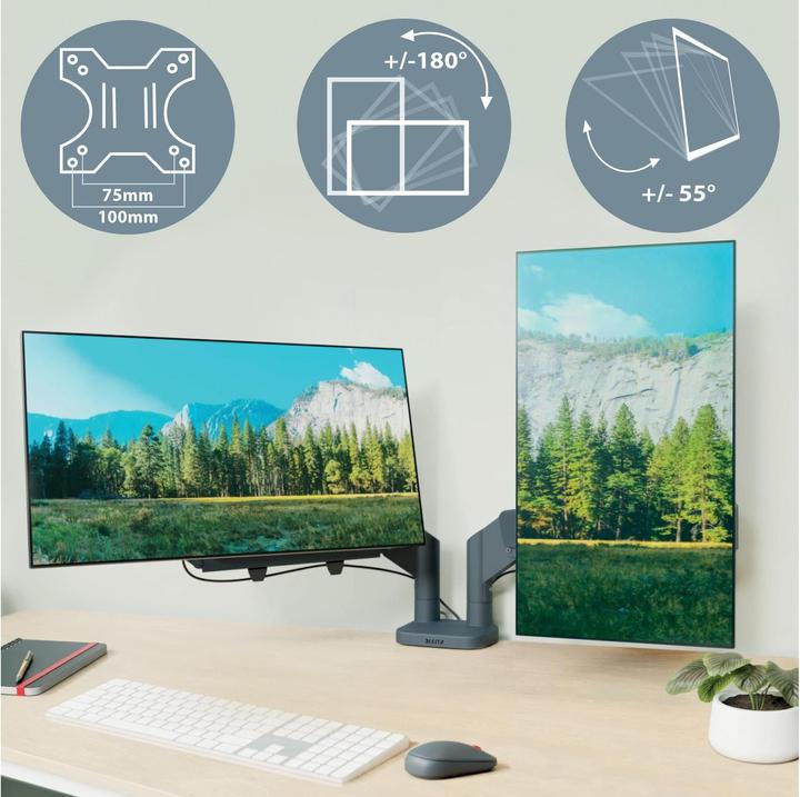 Productafbeelding Leitz Schermsteun 2 monitoren fluweelgrijs (Tabel, 32")