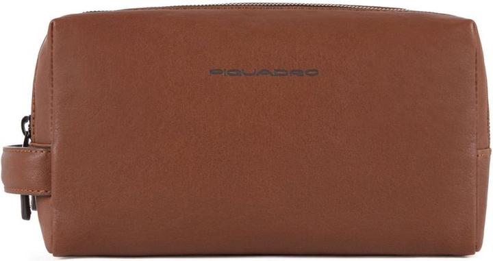 Image du produit Piquadro Trousse de toilette carrée noire deux compartiments cuir tabac