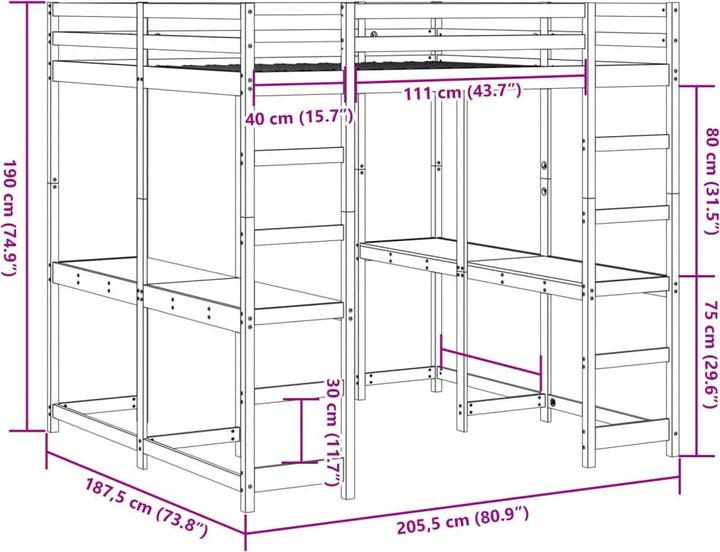 Produktbild VidaXL Hochbett mit Schreibtisch & Leiter (180 x 200 cm)