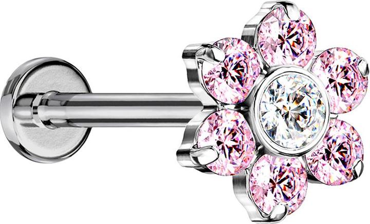 Image du produit Star Piercing Micro Threadless Labret argenté fleur cristaux roses (sans laiton, Titane G23)