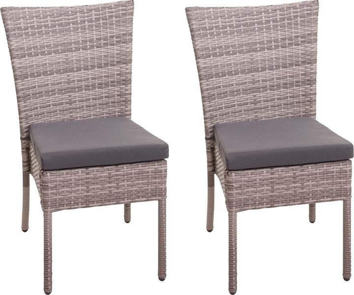 Produktbild Swisshandel24 2x Poly-Rattan Stuhl, Balkonstuhl Gartenstuhl, stapelbar - grau, Kissen dunkelgrau
