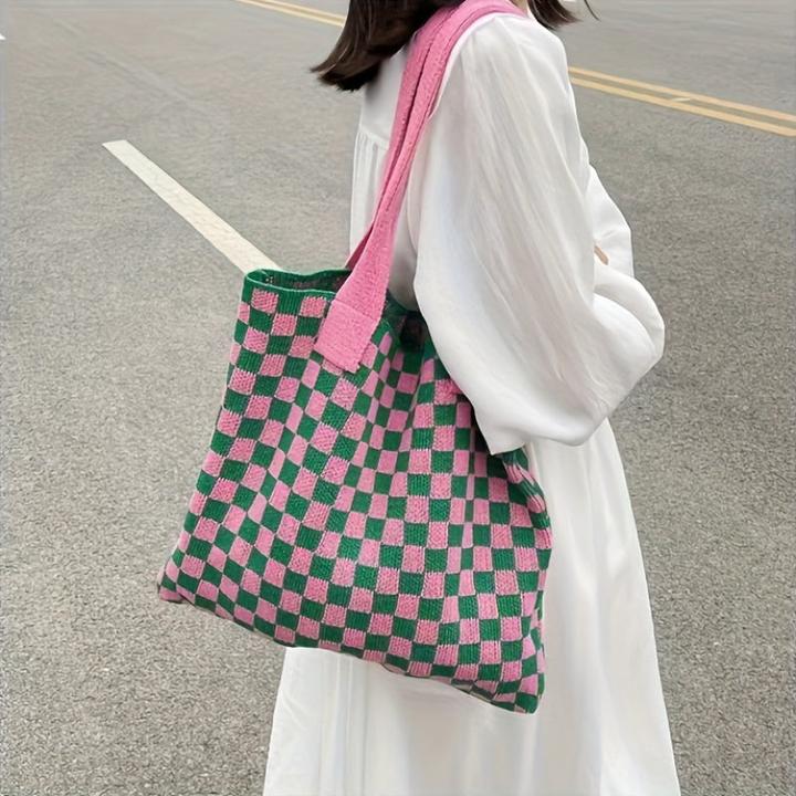 Produktbild Only-Bags.Store Kariert gestrickt Umhängetasche, Trendy Plaid Pattern Tote Bag, grosse Kapazität Handtasche für