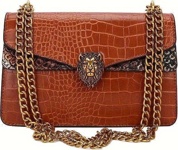 Only-Bags.Store Klassische Nischen-Design Mini Square Umhängetasche, All-Match Trendy Klappe Löwe Knopf Dekor Kette