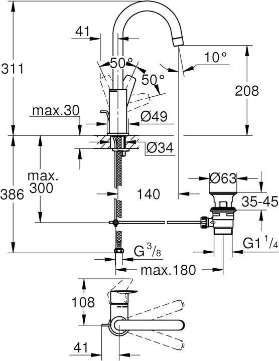 Image du produit Grohe StartEdge mitigeur lavabo, économie d'eau, vidange par pression, système de montage rapide, taille