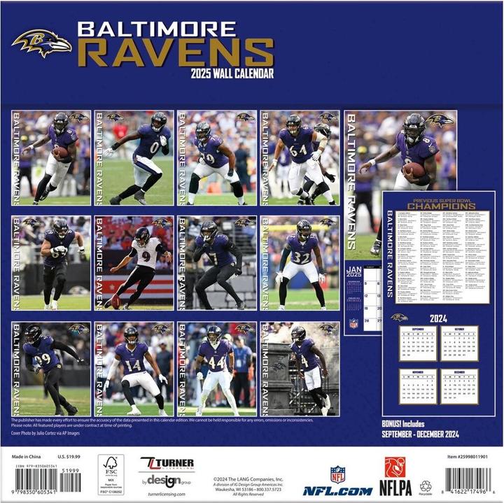 Immagine prodotto NFL - Baltimore Ravens - Calendario da parete della squadra 2025 30,5 x 30,5 cm (30,5 x 30,5 cm, Francese, Italiano, Spagnolo, Tedesco, Inglese)