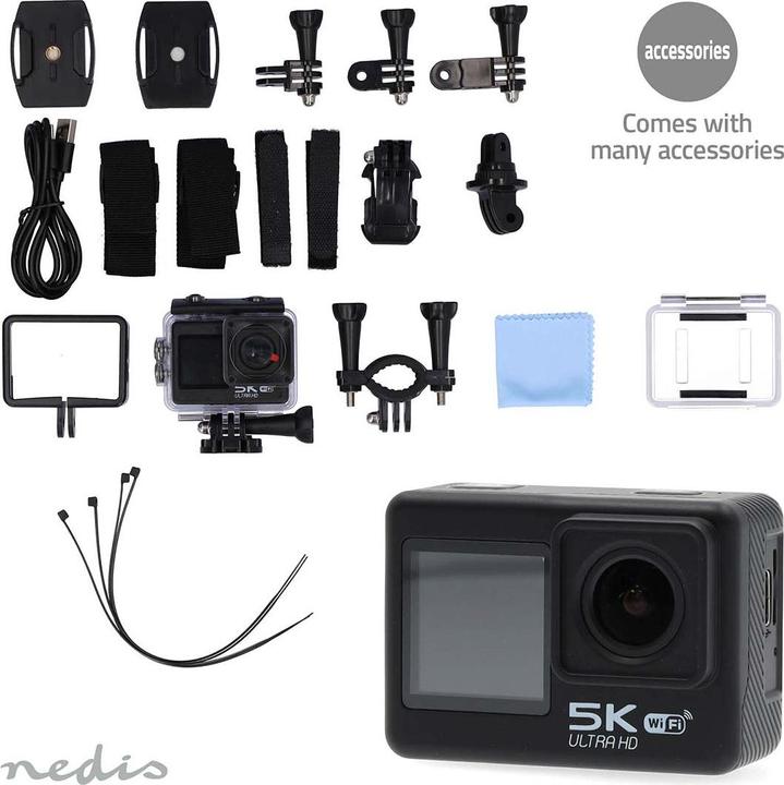 Produktbild Nedis Action Cam | Dualer Bildschirm | 5K@30fps | 16 MPixel | Wasserdicht bis: 30.00 m | 80 min | Wi (30p, WLAN)