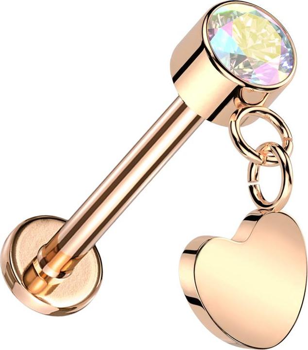 Actual product image Star Piercing Micro threadless labret rose gold cylinder rose gold crystal multicolour pendant heart rose gold (Titanium G23, without brass)