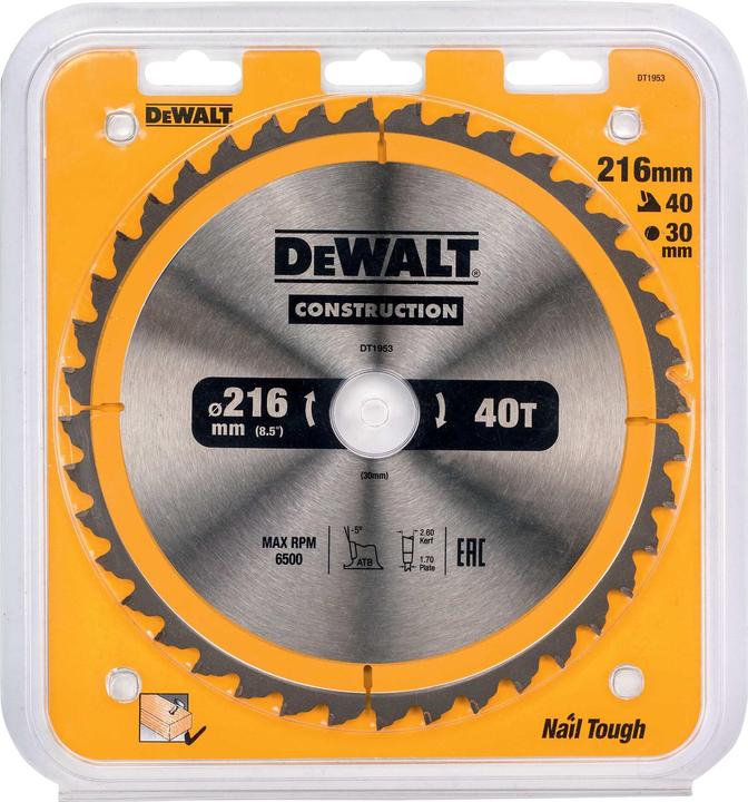 Produktbild DeWalt BauKreissägeblatt für Stationärsägen/Kreissägenblatt (216/30 mm 40WZ, universeller Einsatz u