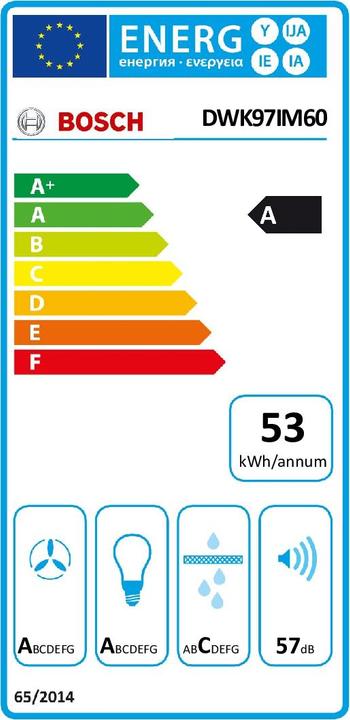 Energy Label Bosch Hausgeräte Series 4 wall-mounted fair 90 cm clear glass black printed DWK97IM60 (Wall hood)