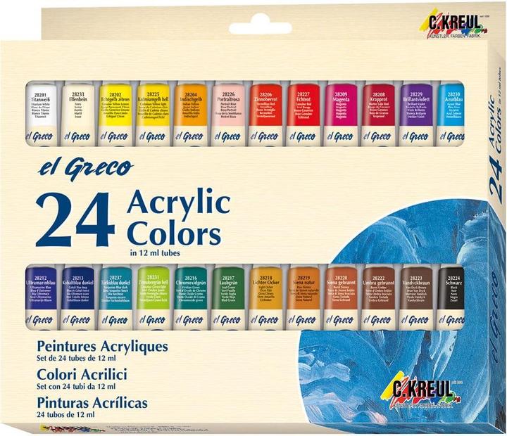Kreul El Greco (Ivoire, Jaune véritable Citron, Vandyck, Rose portrait, Blanc titane, Bleu outremer, Lumières Ocre Ocre, Sienne Nature, Magenta, Jaune indien, Oxyde de chrome vert, Rouge garance, vermillon, Bleu turquoise foncé, Jaune Cadmium clair, 288000000 ml)