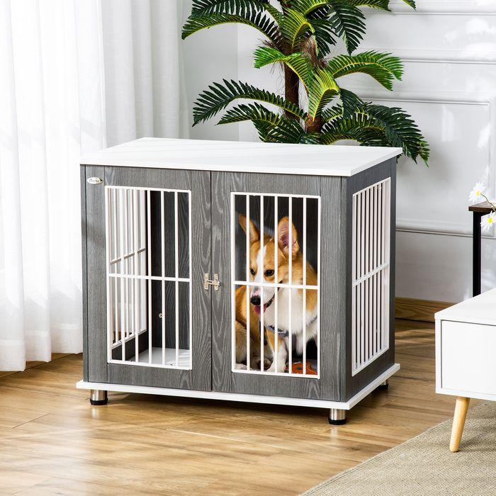 Produktbild Swisshandel24 Hundehütte Hundehaus aus Holz Transportbox mit Tischoberfläche Kissen Kleintierkäfig Beistelltisch G (Hund, Abschliessbar, Faltbar)