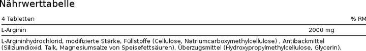 Nährwerte und Zutaten Burgerstein L-Arginin (100 Stück, Tabletten, 200 g)