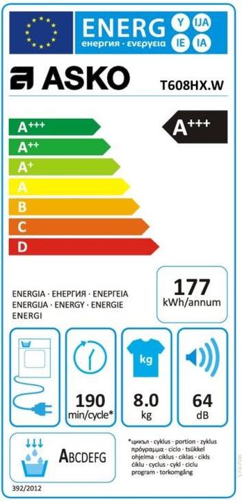 Label énergétique Asko T608HX.W (8 kg, Gauche)