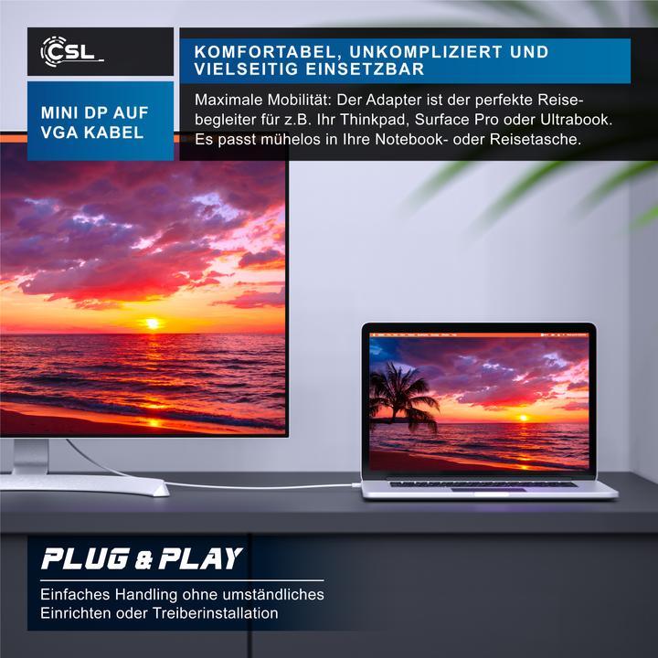 Image du produit CSL Câble vidéo audio mini Displayport vers VGA, adaptateur de moniteur miniDP / compatible Thunderbolt (3 m, DisplayPort, VGA)