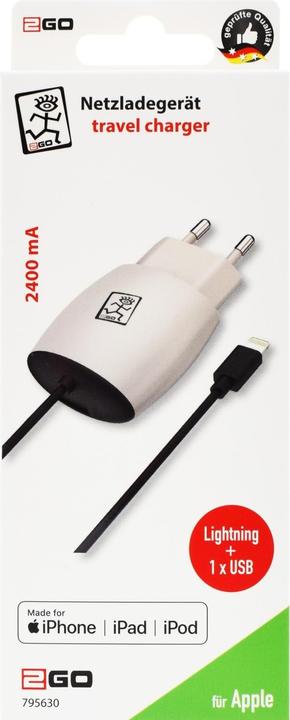 Actual product image 2GO Mains charger for iPhone and iPad with Lightning socket, black