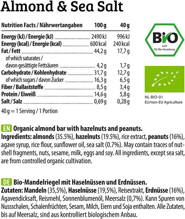 Valeurs nutritives et ingrédients HEJ Nutrition Natural Bite (12 x 40g) (Noix grillées, 1 pcs, 480 g)