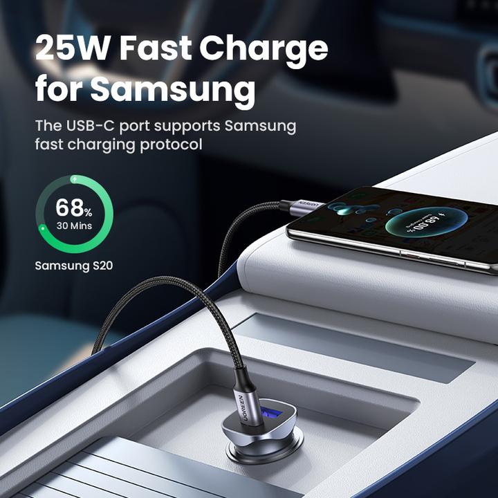 Actual product image Ugreen CD130 Car Charger, USB-A+PD 3.0, USB-C, QC3.0 30W (Grey)