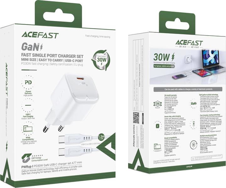 Productafbeelding Acefast Caricatore da muro A77 Mini PD 30W GaN + cavo USB-C - bianco (30 W)