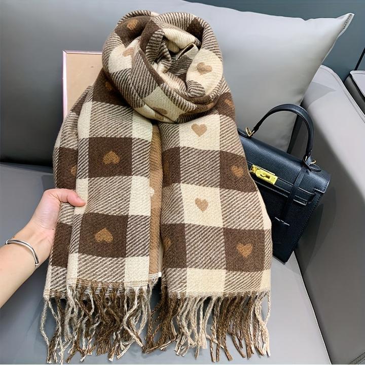 Actual product image Only-Bags.Store Double-Sided Heart Pattern Scarf, Winter Plaid Warm Neck Wrap, Cozy Shawl For Autumn & Winter