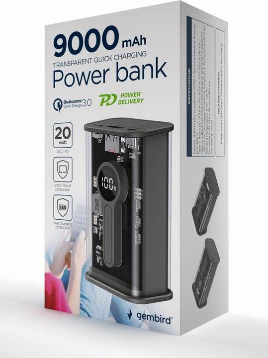 Produktbild Gembird PowerBank Transparent QC3.0 black (9000 mAh, 20 W, 40 Wh)