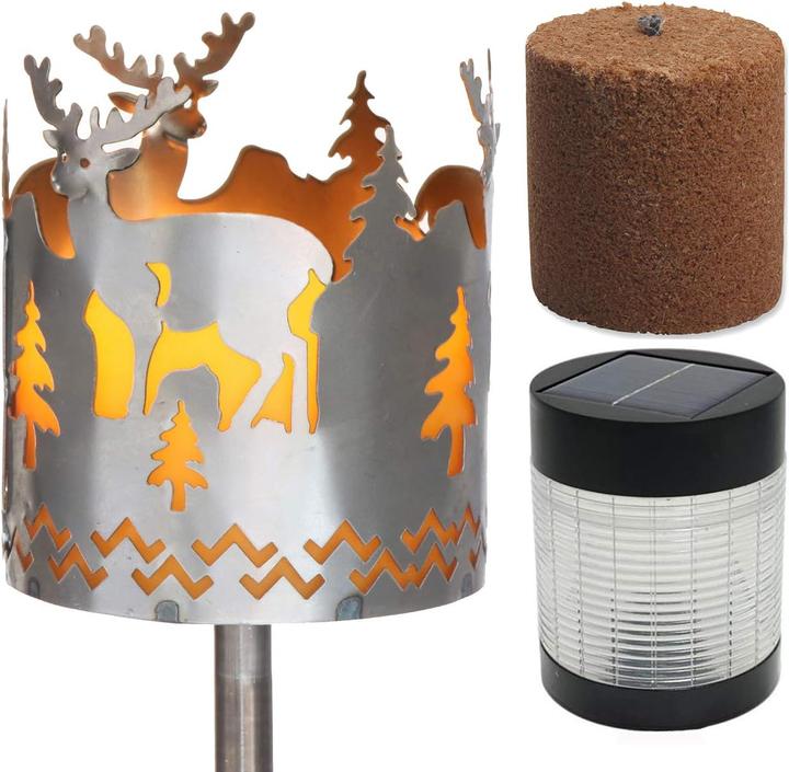 Novaliv Gartenfackel Hirsch Feuerschale Metall mit Stiel Brennmittel Solarlampe LED