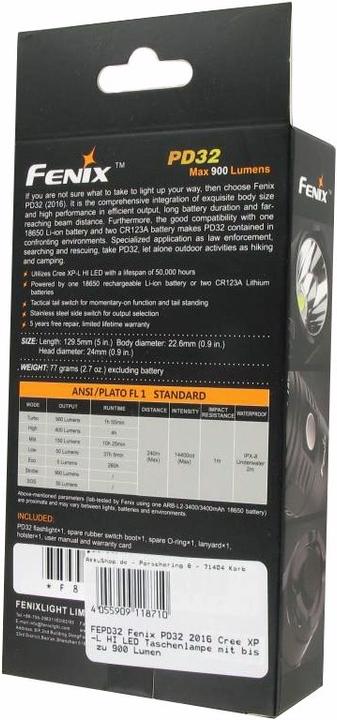 Immagine prodotto Fenix Torcia PD32 2016 Cree XP-L HI LED torcia con fino a (12.95 cm, 1200 lm)