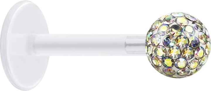 Star Piercing Micro Labret transparent mit Kristallkugel multicolor und Epoxy Schutzschicht (Bioflex, ohne Messing, Chirurgenstahl 316L)
