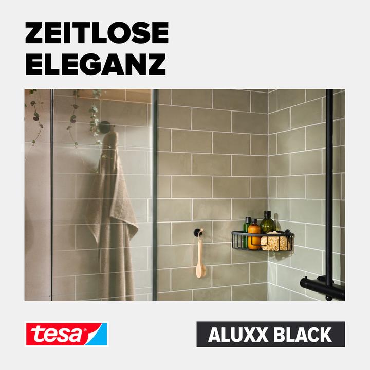 Actual product image tesa ALUXX BLACK corner shower basket incl. adhesive solution without drilling (17.5 x 17.5 x 34.5 cm)