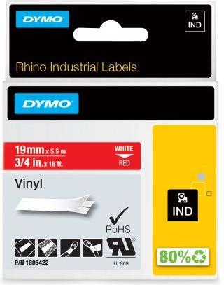 Produktbild Dymo Rhino 19mm weiß auf rot Vinyl (1.90 cm, Rot)