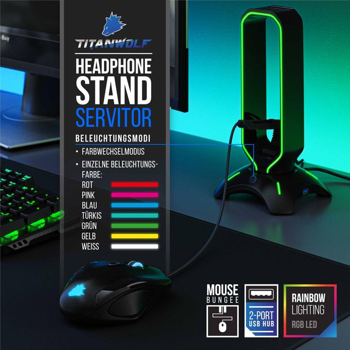 Immagine prodotto Titanwolf Supporto per cuffie RGB LED con hub USB