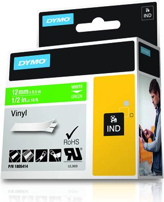 Produktbild Dymo Rhino 12mm weiß auf grün Vinyl (1.20 cm, Grün)