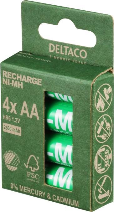 Produktbild Deltaco Rechargeable AA batteries AA 2500mAh, marked with the "Nordic Swan" eco-label, 4 pcs. packag (4 Stk., AA, 2500 mAh)