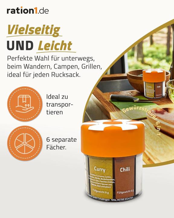 Produktbild Ration1.de 5er-Set Gewürzstreuer (Diverse Gewürze, Salz, Meersalz, Pfeffer, Chili, Muskatnuss, Kräuter)
