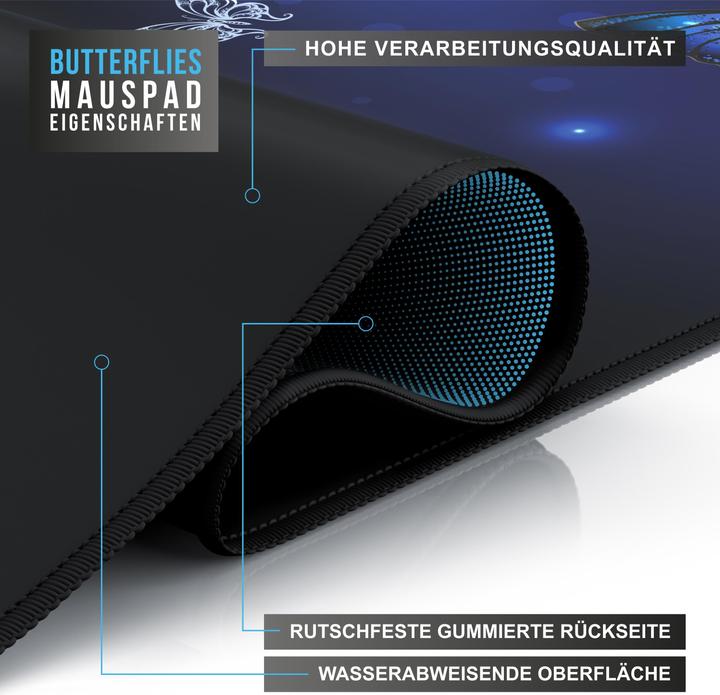Produktbild CSL Gaming Mauspad, XXL, 900 x 400 x 3 mm, Mausmatte, extralarge, waschbar, Schmetterlinge (XXL)