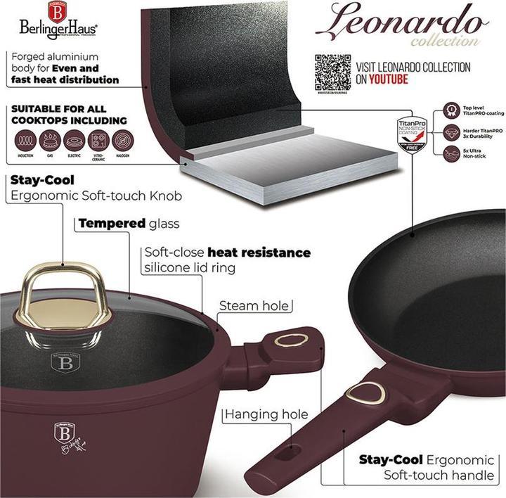 Actual product image BerlingerHaus Frying pan set, 3 pieces, Ø 20/24/28cm, bordeaux (28 cm, Frying pan, Aluminium)