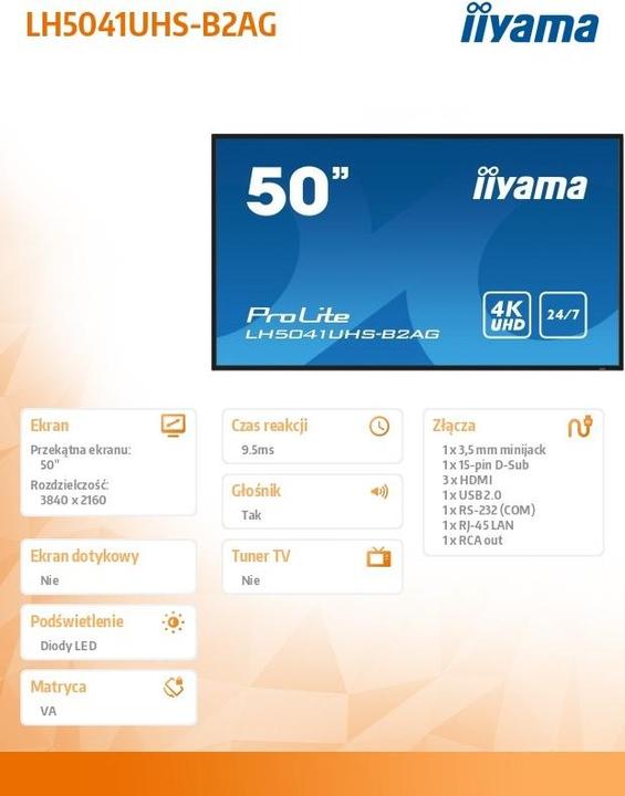 Energielabel iiyama 50" 3840x2160, 4K UHD VA-paneel, 25% Haze (3840 x 2160 Pixels, 50")