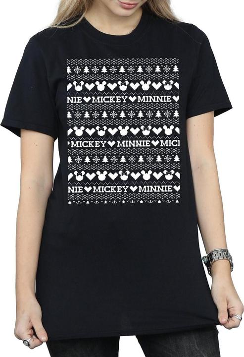 Actual product image Disney Womens/Ladies Mickey And Minnie Christmas Fair Isle Cotton Boyfriend T-Shirt (3XL)