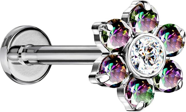 Star Piercing Micro Threadless Labret silber Blume Kristalle dunkel multicolor (ohne Messing, Titan G23)