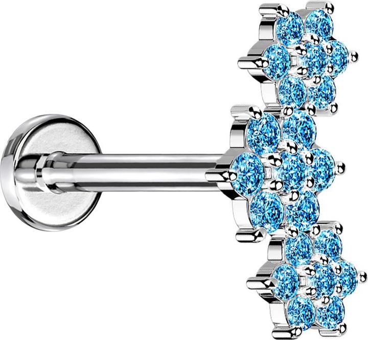 Produktbild Star Piercing Micro Labret Innengewinde silber drei Blumen Kristalle aqua (Messing, Chirurgenstahl 316L)