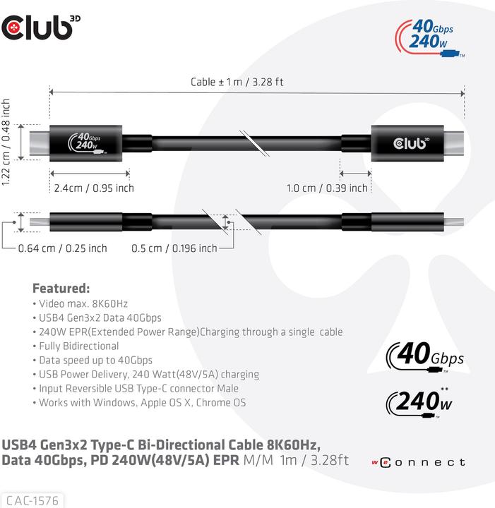 Image du produit Club 3D USB Typ C – USB Typ C (1 m, USB 4.0)